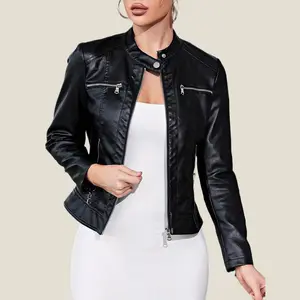 Mock Neck Zip Up PU Leather Moto Jacket Punk Music Festival Fit Women