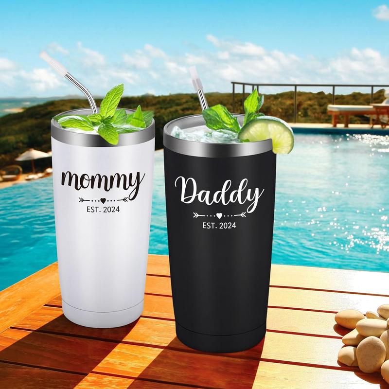 Daddy and Mommy Est 2024 Travel Tumbler, New Parents Insulated Tumblers 20Oz, Mom Dad Gift for Mother'S Day, Father'S Day, Christmas, New Pregnancy, Birthday, Baby Shower (Black White) Gtmileo