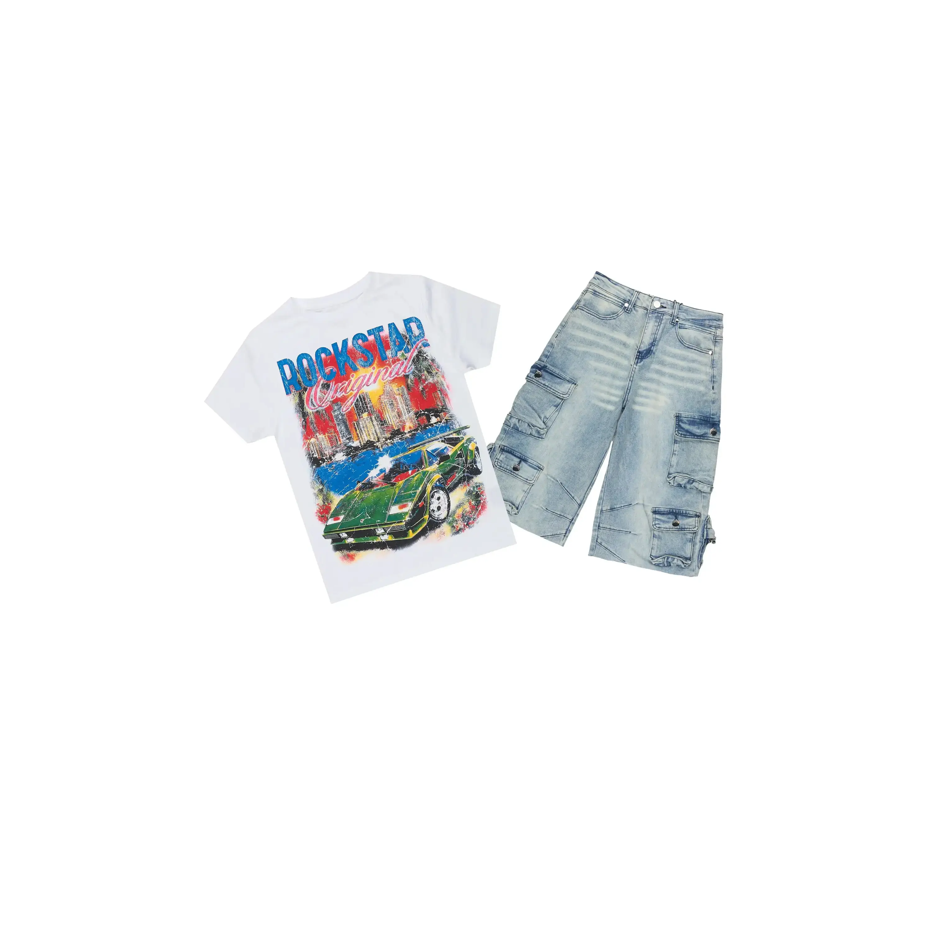 Boys Jhacor White/Blue T-Shirt/Denim Jort Set