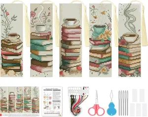 5 Pack Cross Stitch Kits for Beginners,Coffee Stamped Cross Stitch Kits Bookmarks for Women,11ct Cross Stitch Embroidery Kit for Beginners Crafts for Adults