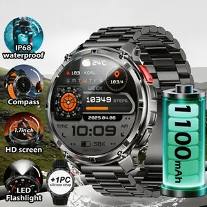 JIAYAOO Outdoor Sports Smart Wearable Watch for Men, 1100mAh Large Battery, 1.7 Inch HD Screen, IP68 Waterproof, Compass & LED Flashlight, 120+ Sports Modes, Motion Data Tracking, Extra Silicone Strap Gift, Compatible with iPhone Android