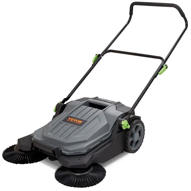 VEVOR Portable Lightweight Manual Outdoor Floor Sweeper, 25.6 in Sweeping Width, 5gal Waste Container, Adjustable Angle & Height Folding Handle, Low-noise Rolling, Convenient 5gal Less Emptying, Multi-surface Cleaning, Easy Upright Garage/Patio Storage