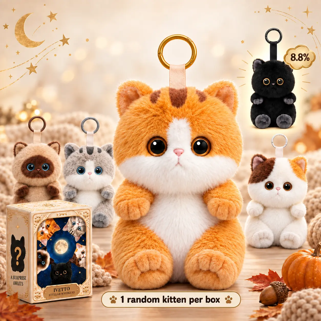 Mystic Galaxy Blind Box Cat Plush Keychain - 1 Random Box, 4 Regular + Secret Black Kitten (8.8% Chance), Collect Them All Home Decor | SohoChic