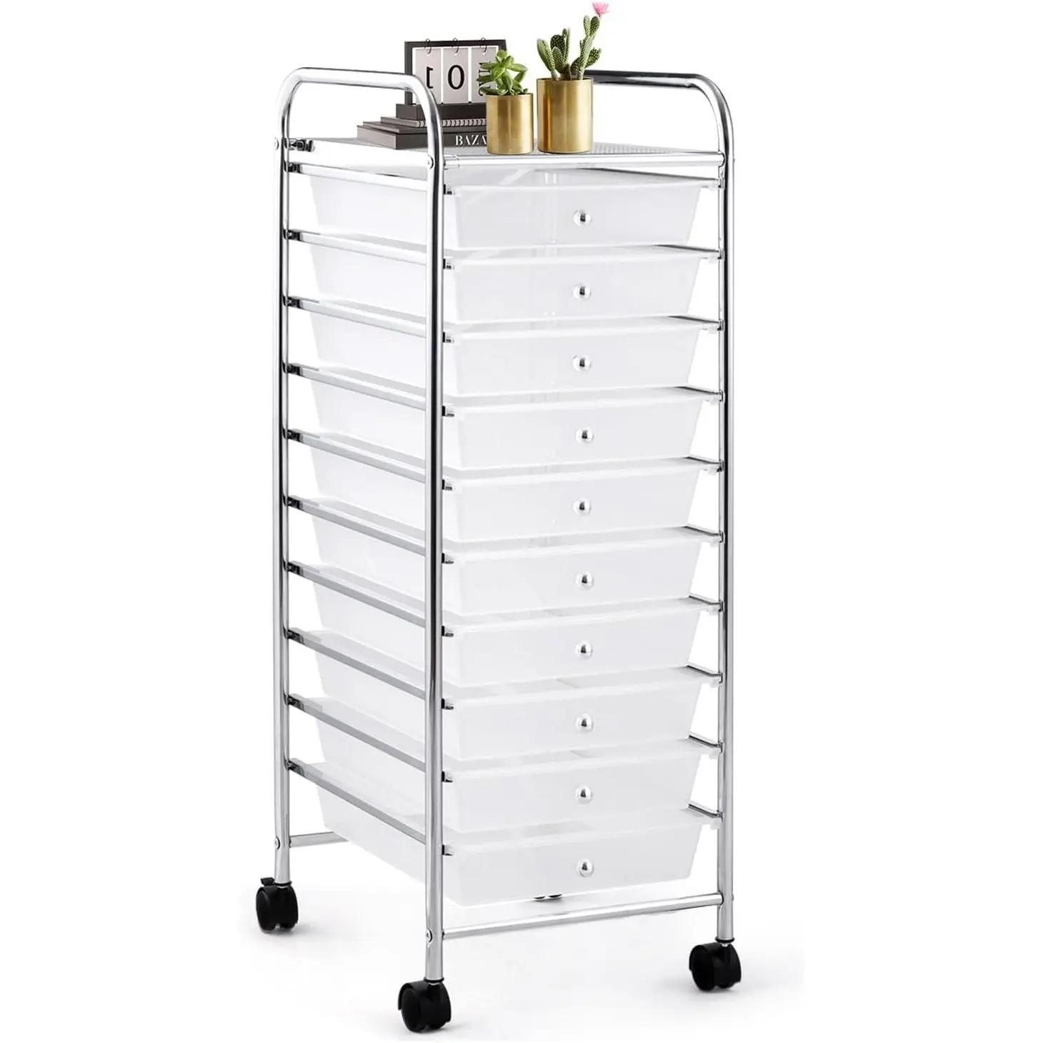 10 Drawer Rolling Storage Cart, Organization Cart with Drawers for Craft Makeup Paper Tool Art Supply, Versatile Utility Cart on Wheels for Home Office Classroom School (Clear)