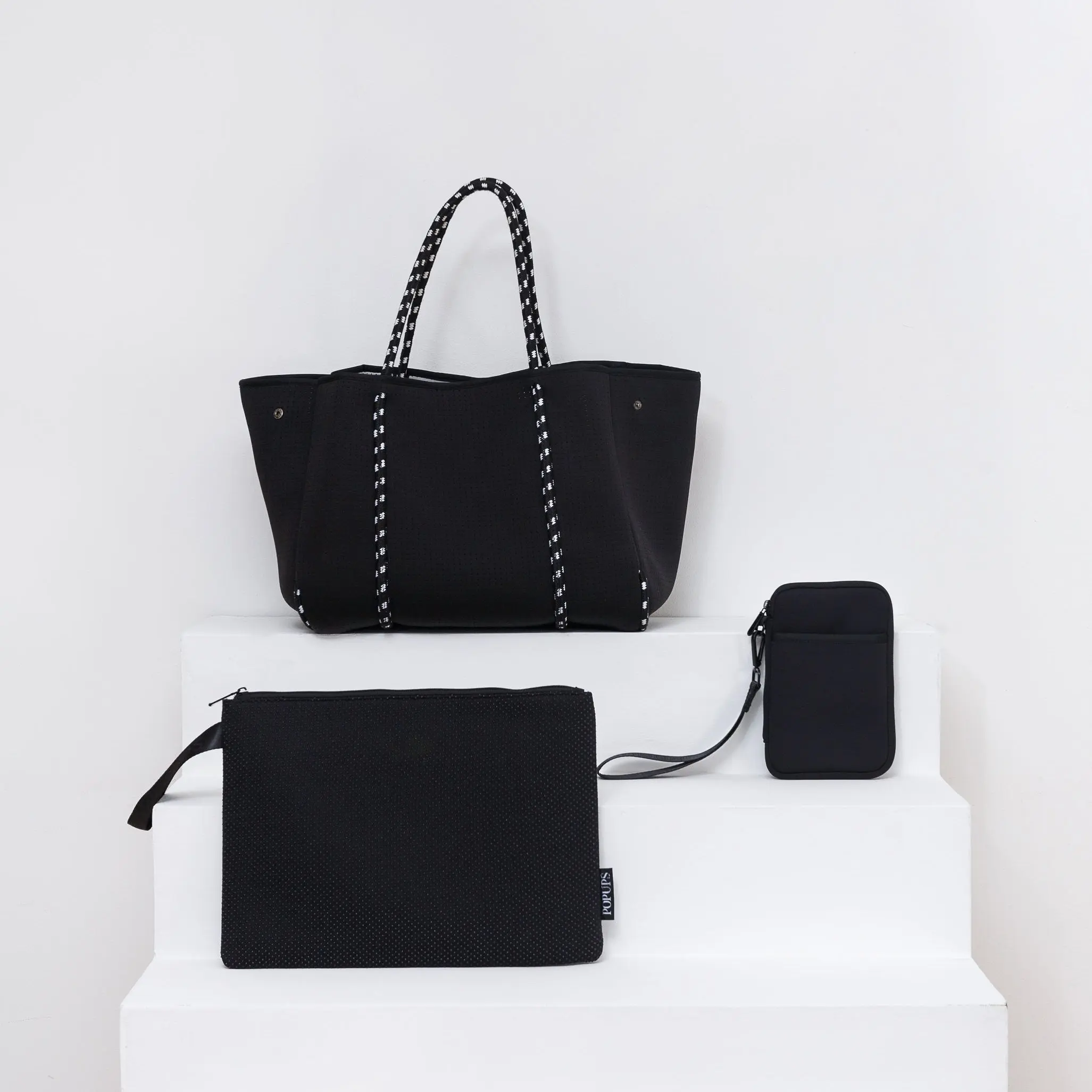 BLACK TRAVEL SET: EVERYDAY TOTE + LAPTOP SLEEVE + PASSPORT WALLET