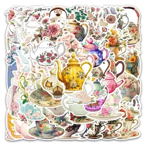 Vintage Tea Cup & Teapot Pattern Sticker, 54pcs/pack Waterproof Self Adhesive Decor Paper, Decor Sticker for Gift Greeting Card Water Bottle Laptop