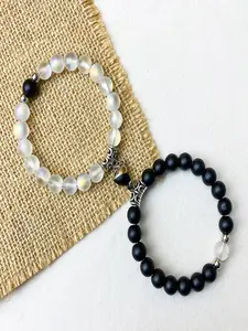 8mm Matte Black Obsidian Moonstone Crystal Bracelet, Adjustable Elastic Beaded Bracelet for Women Men, Dainty Protection Calm Healing Jewelry Gift