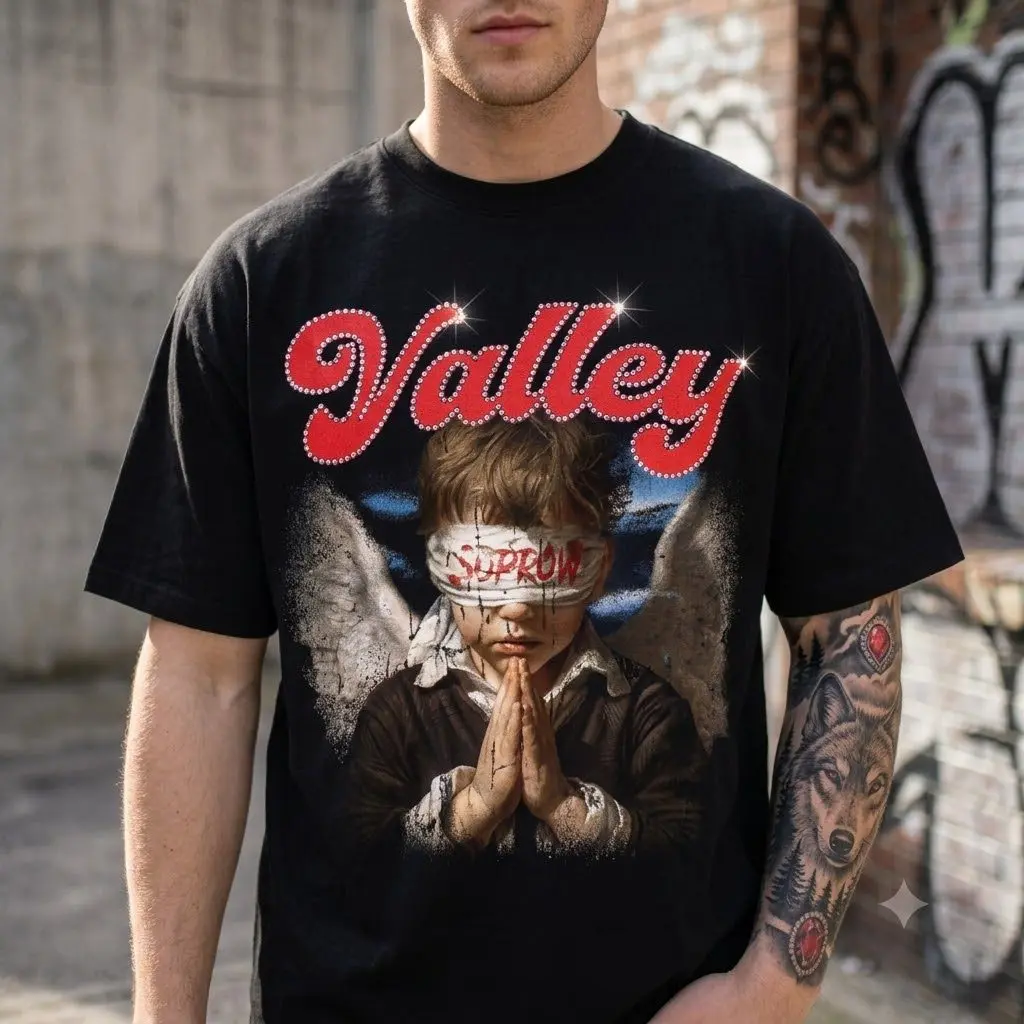 Men's Casual Classic Vintage Distressed Prayer Angel Graphic Cotton Short-Sleeve T-Shirt