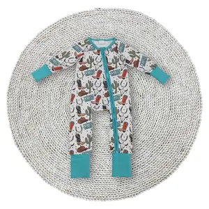 Little Boys Western Future Cowboys Blue Boots Cow Cactus Long Sleeve Convertible Footed Zip Bodysuits Rompers Sleepers