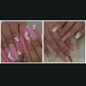 Nail Art - 24 Pieces Long Square/Coffin Press On Nails with Glitter and Gems and French Tip - Nail Care gemstone nails 3d charms coffin nail glitter design