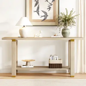 Modern Minimalist Solid Pine Console Table - Easy Entryway Sofa Table with Geometric Trim, Metal Accents, Built-in Storage Shelf, for Living Room, Hallway