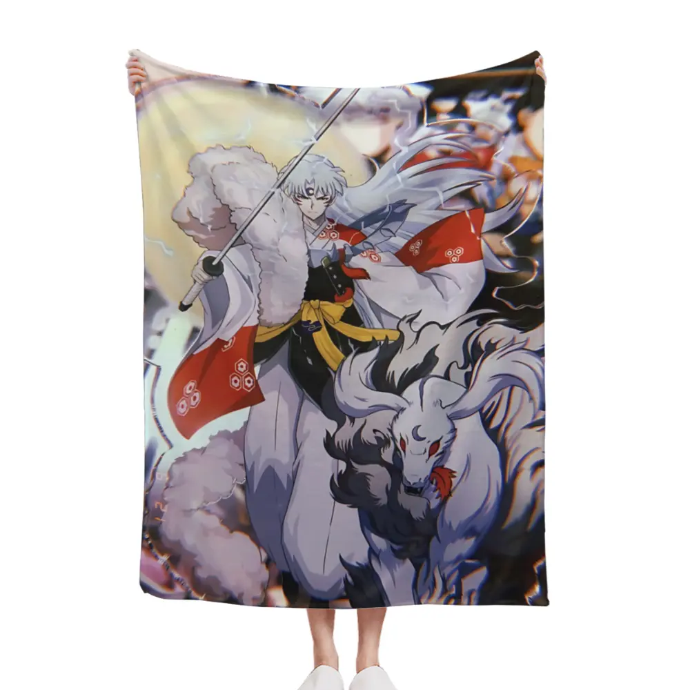 Ultra Soft Sesshomaru Inuyasha Demon Wolf Form Fleece Throw Blanket - Warm Cozy Vintage 90s Anime Flannel Blanket For Couch Bed Gaming Room - Perfect Birthday Christmas Valentine’s Day Gift For Otaku Manga Anime Lovers