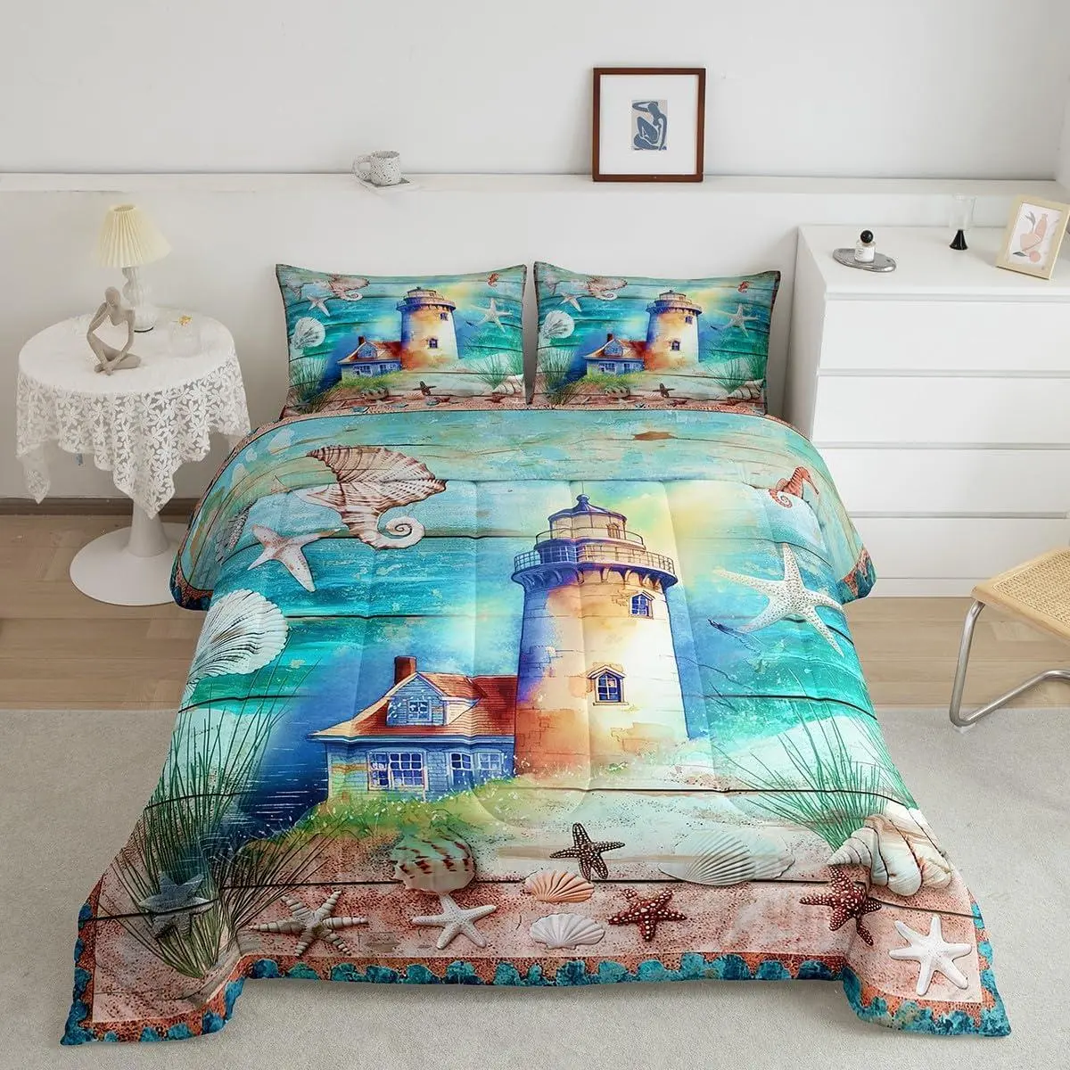 Lighthouse Comforter Set - Watercolor Sea Beach Starfish Shell Bedding for Women Adults, Rustic Farmhouse Barn Green Board Luxury Duvet Insert, Whimsical Home Decor Beach Scene Accent