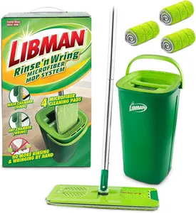 Libman Rinse 'n Wring Microfiber Mop and Bucket System with 4 Pads Hardwood Floor Cleaner Wet Dry Mop Clean Dirty Water Chambers Power Blades