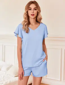 Ekouaer Women's Pajamas Set Ruffle Sleeves Sleepwear V Neck Comfy 2 Pack Pjs Loungewear Set with Pockets S-XXL Comfort Fabric Lightweight Soft Womenswear Breathable Casual Cute