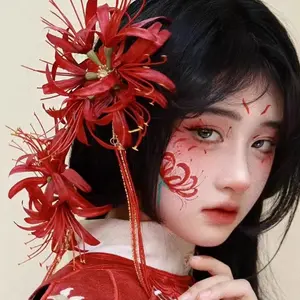 2026 Red Spider Lily Gothic Flower Hair Clips with Tassel for Women Lycoris Radiata Floral Hairclip Duckbill Clip Cute Decorative Barrettes for Weddings clavicular head clip french pink accessories handmade hairpin Cosplay  blue or pink hair clip