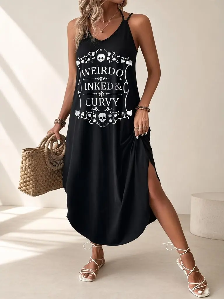 Women's Plus Size Black Dress, Elegant Solid V-Neck Spaghetti Strap Maxi Gown for Summer Parties and Weddings, Women's Clothes, 2Xl, Casual, Black V-Neck Strap, Chic, Evening, Knit