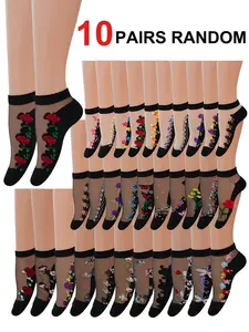 Random Women's Floral Pattern Sheer Lace Low Cut Socks, Casual Comfortable Breathable Fabric Socks for Summer, Women's Socks for Daily Wear, Casual Stylish Socks