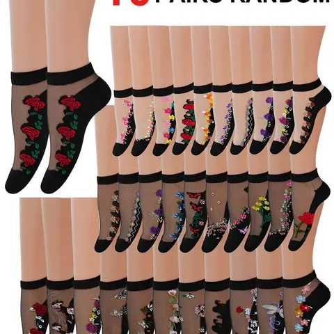 Women's Transparent Knit Ankle Socks, Sheer, Floral Pattern, Slim-Fitting, Casual Style, Summer Thin Cool Socks, Cute Lace Ankles, Knitted Socks
