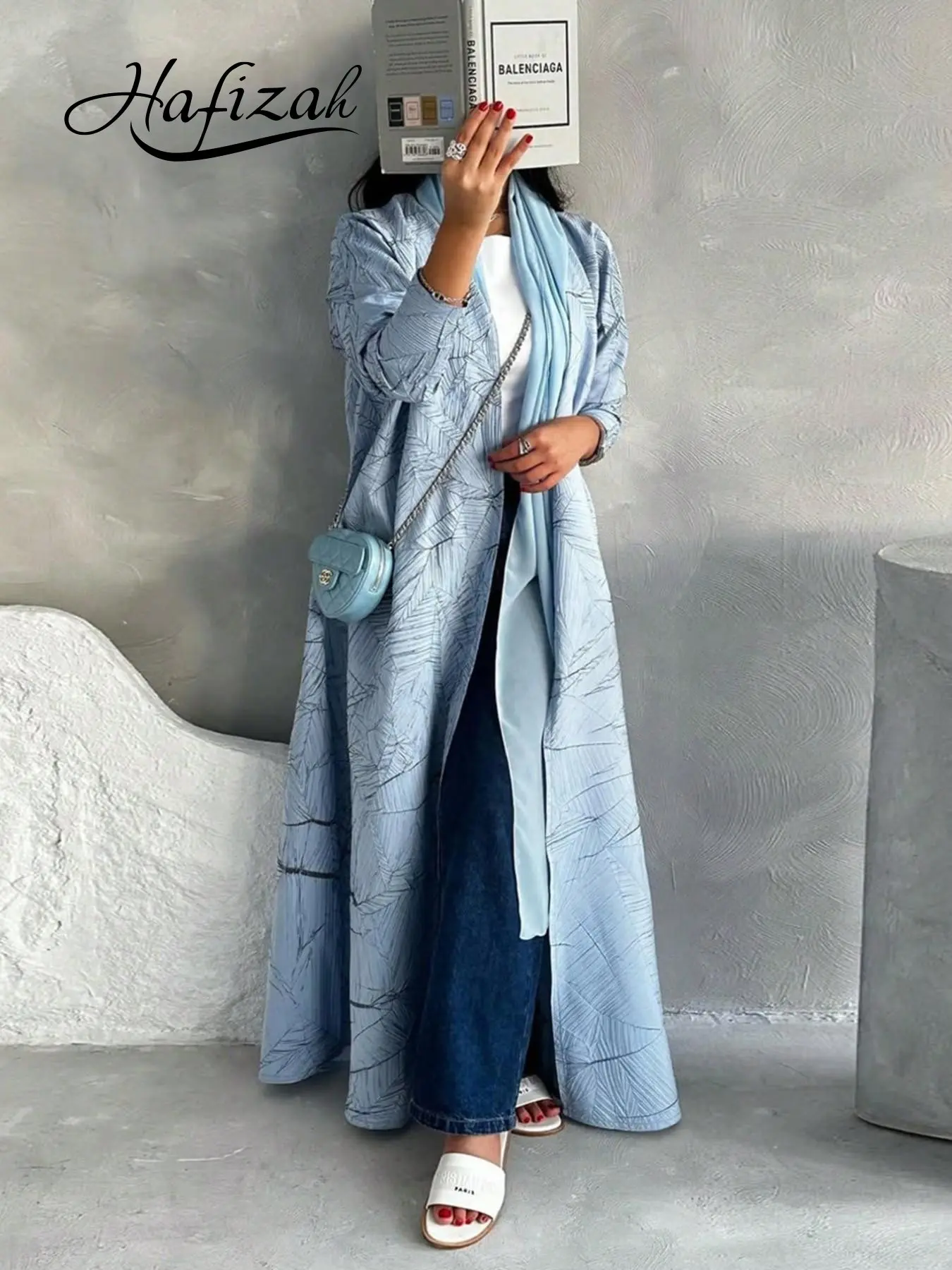 Hafizah Modest Summer Fashion Textured Long Sleeve Outerwear, Muslim Women's Jacket, Loose-Fitting, All Seasons, Random Print