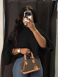 【Plus Size】 Solid Batwing Sleeve High Neck Sweater, Casual Long Sleeve Jumper for Fall & Winter, Women's Clothing for Daily Wear