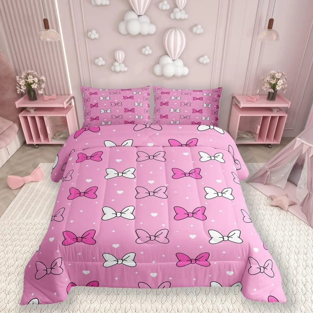 Bowknot Kids Comforter Set,Bow-tie Starry Sky Love Heart Romantic Bedding Set,Children Girls Women Room Decor,Castle Princess Cartoon Down Comforter,Pink Cute Duvet Insert