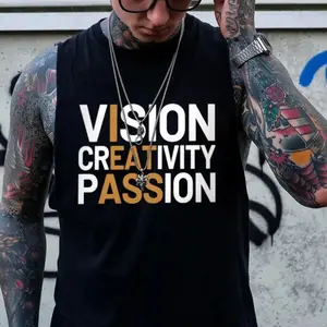 VISION CREATIVITY PASSION Black Print Tank Top- Tattoo Street Wear Casual Cotton Shirt, Unisex, Minimalist Style, Trending for Men & Women