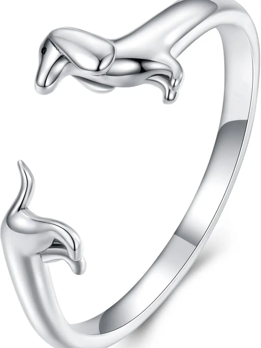 925 Sterling Silver Dachshund Open Adjustable Ring For Women, Cute 3D Wiener Dog Animal Open Cuff Band, Lovely Pet Puppy Statement Jewelry Gift For Dachshund Lovers