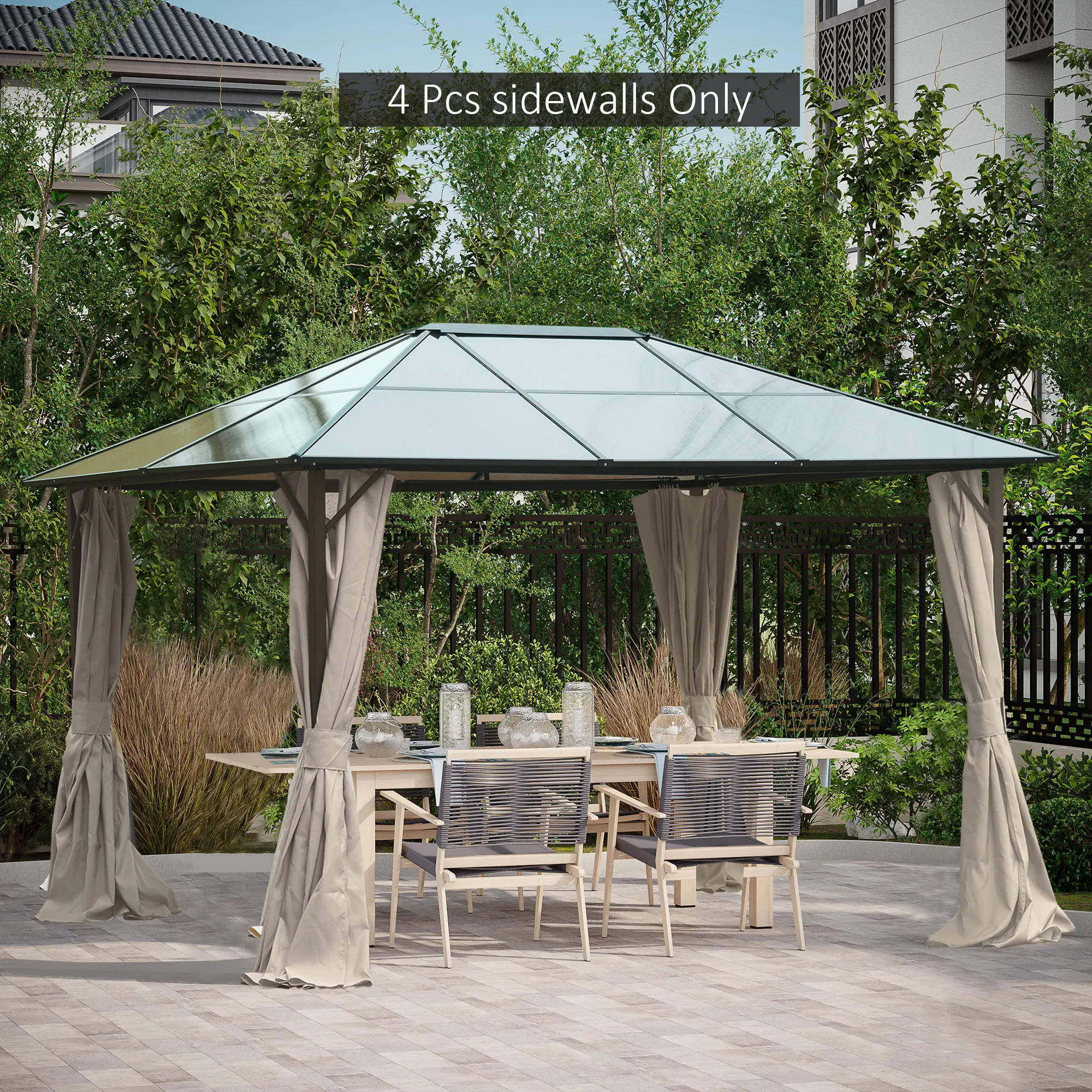 Beige Polyester Gazebo Sidewall Set for 9.84'x11.8' Square/Round Gazebos - 4 Panels, Hook-Based Hardware, C-Rings, 2-Sided Zippers, Securing Straps, Easy Shower Curtain Assembly, Outdoor Insect-Proof