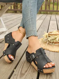 2026 Summer Vintage Wedge Mules for Women, Soft Leather Open-Toe Design with Buckle, Three Color Options in, Comfortable Cork Heels for Plus Sizes 40-43, Breathable Casual Slippers for Everyday Wear