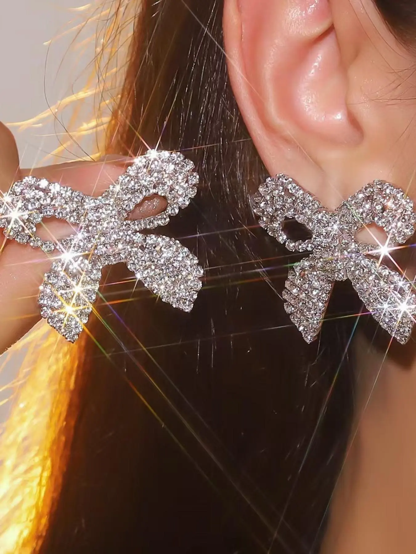 Rhinestone Decorated Bow Design Stud Earrings, Elegant Jewelry for Party, Daily Clothing Decor, Trendy All-match & Exquisite Jewelry for Birthday Gift