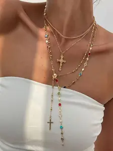 Bohemian Style 4-Piece Vintage Metal Jesus Cross Y-Shape Long Necklace, Fashion Colorful Rhinestone Religious Pendant, Perfect Gift for Women