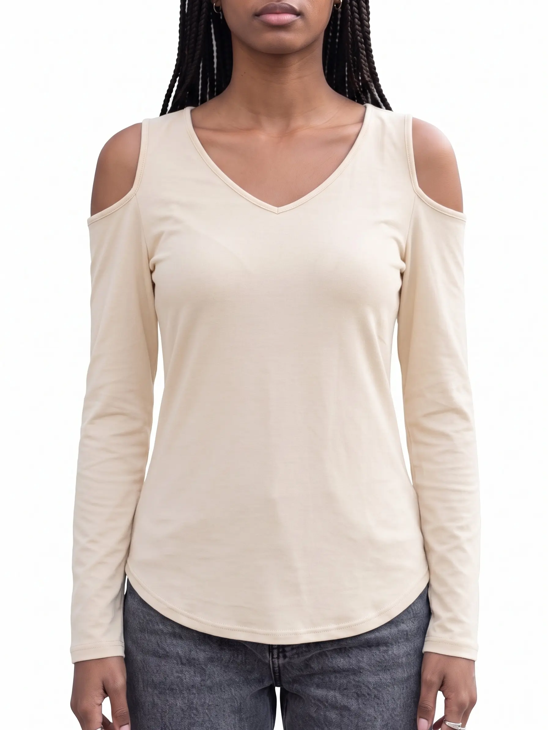 Women's V-Neck Long-Sleeve Cold-Shoulder Blouse for City Styling, Casual Outings