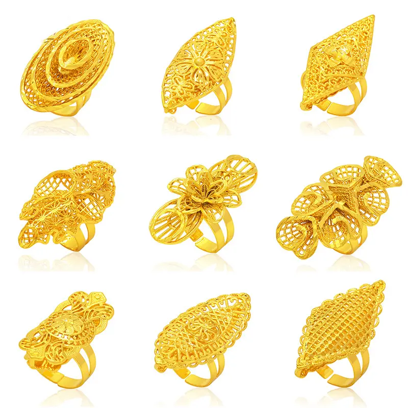 Women's Electroplated Gold-Copper Geometric Floral Statement Ring - Waves & Octagon Design, Adjustable Band, Female Costume Jewelry for Thanksgiving