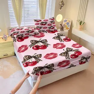 3pcs Cherry Red Lip Leopard Print Fitted Sheet Set, Sweet and Cool Girl Style Print, All Inclusive With High Elasticity Elastic Band, Non Slip and Non Shifting Dust-Proof Mattress Protection, Spicy Style Bedroom Bedding Set