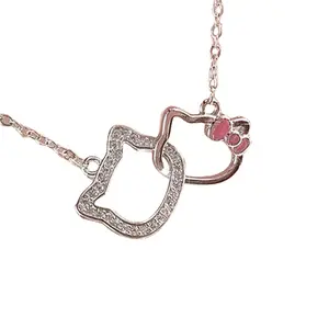 Double Hello Kitty Silver Necklace with Mirror Design - Sparkling Cat Pendant & Pink Paw Charm