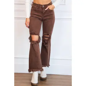 Riva Risen Distressed High Rise Straight Denim: Brown Espresso