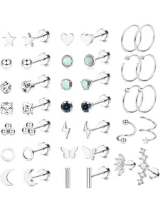 38 Pcs Delicate Silvery Surgical Steel Earring Set for Women Men Flat Back Studs Small Hoops Hypoallergenic Unisex Cartilage Piercings Shiny CZ Heart Star Moon Ornaments Comfortable Earrings for Helix Tragus Daith All Day Wearing