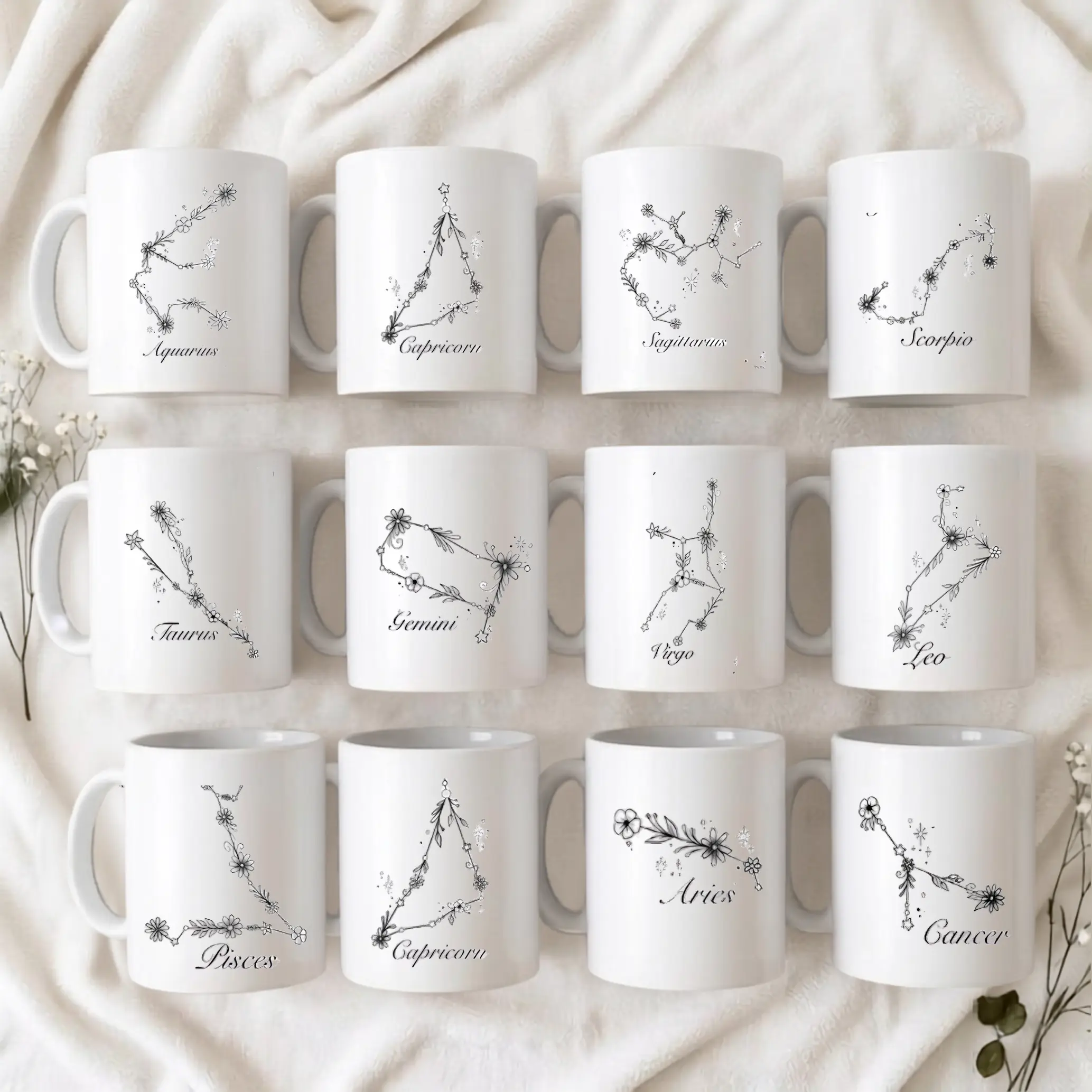 Floral Zodiac Constellation Mug - Astrology Coffee Mug, Birth Sign Ceramic Cup, Celestial Horoscope Gift, Birthday Gift for Women | GHINI