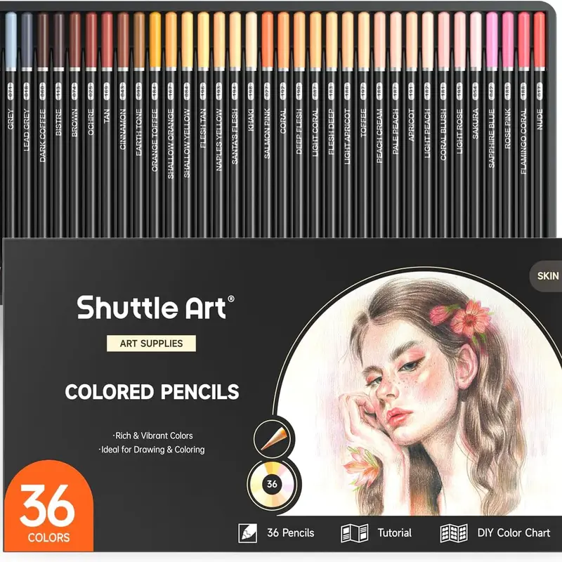 Shuttle Art 36 Colored Pencils - Artist-Quality Skin Tone, Wood Body, High-Pigment Soft Core, Non-Toxic Acid-Free, Handy Tutorial-Friendly Office Stationery for Beginners, DIY Color Chart Compatible, Safety & Service Guarantee
