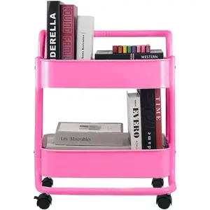 Melody House 2-Tier Metal Mesh Rolling Cart Storage Organizer with Utility Handle and Wheels, Multi-Functional Storage Trolley for Office Living Room Kitchen, Pink
