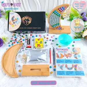 New DIY Mosaic Moon Gift and Craft Kit with Small Night Light for Festive and Party, Christmas, Birthday, Adults, Activity. Handmade Colorful Mosaic Presents and souvenir Craft Kit, Multipurpose home decor ornament Gift With Bamboo, Base and Instruction