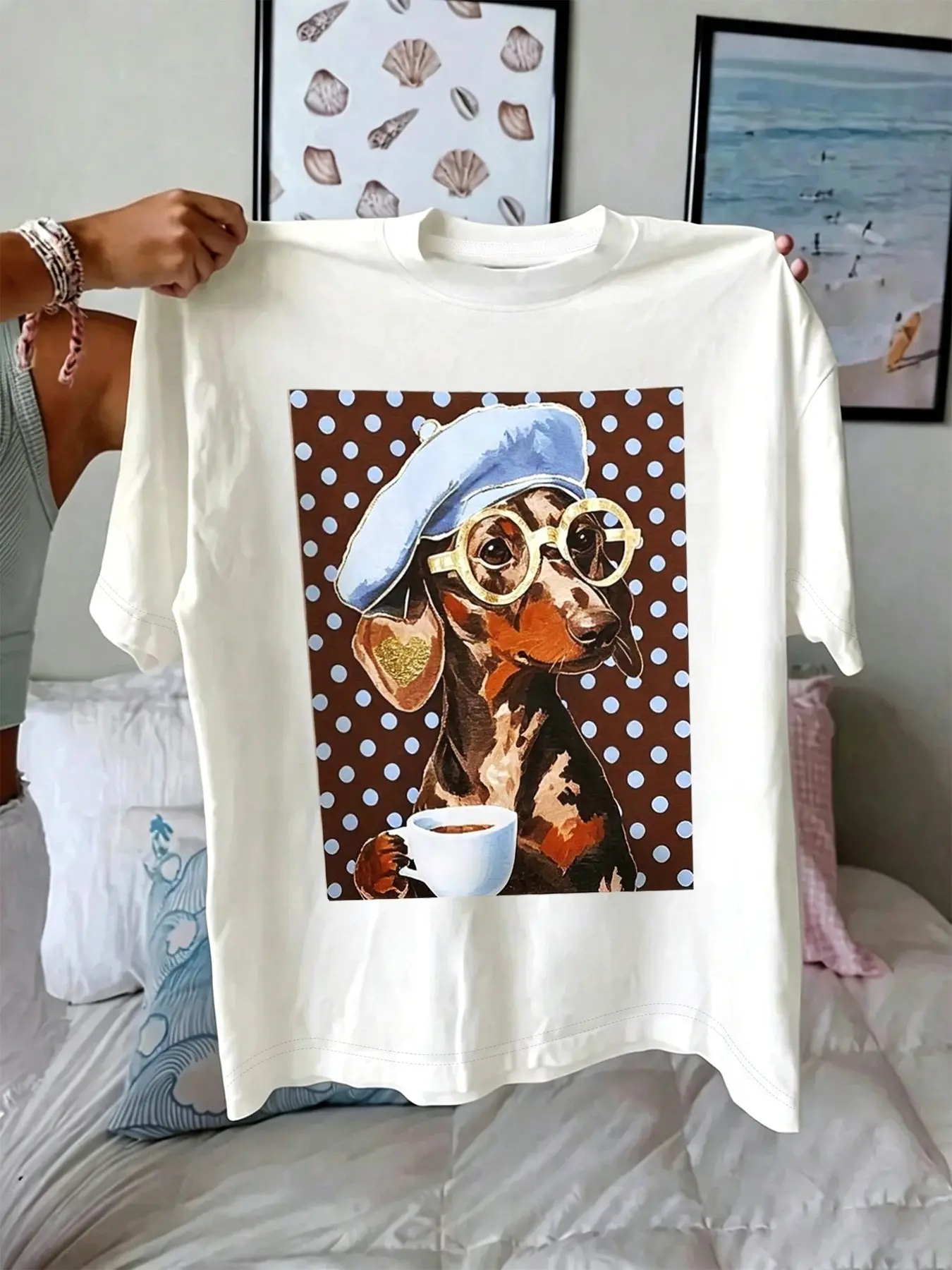 Adorable Weimaraner Coffee Lover T-Shirt, Round Neck Casual Top, Dog Shirt for Daily Street Wear, Perfect for Dog Lovers