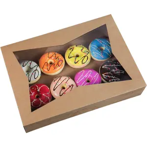 [15-Pack] 14 x10 x 3inch Brown Paperboard Lock Corner Window Bakery Cookie Boxes, Large Container with PVC Windows for Pie and Cookie Box