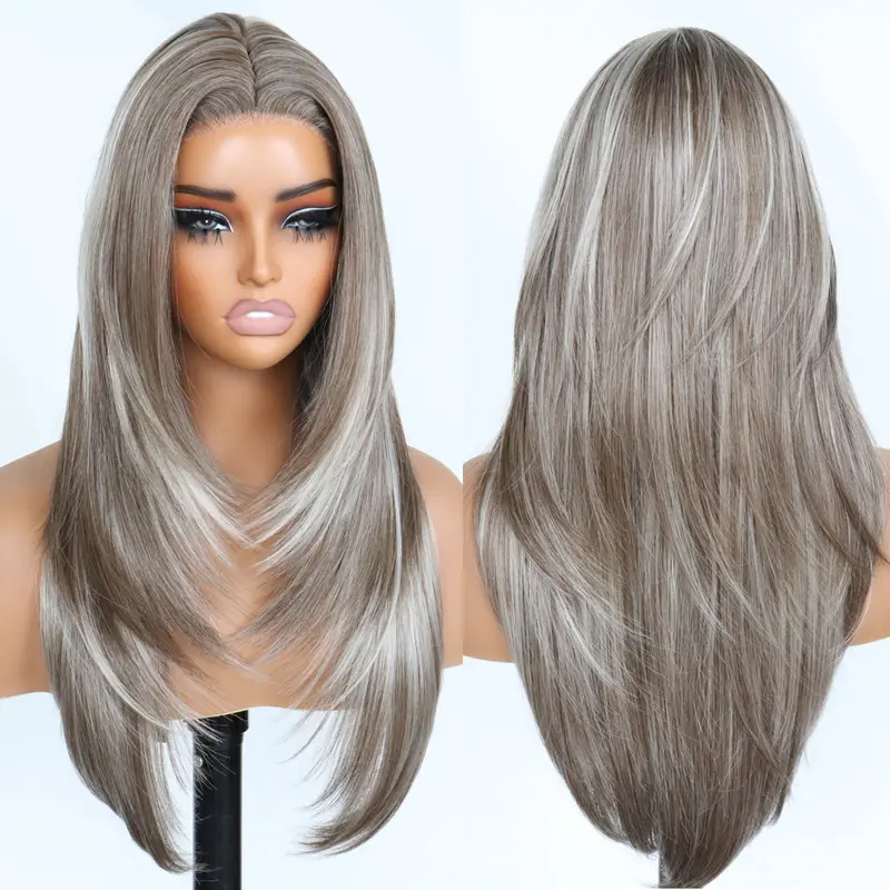 U&A Hair Mix Blonde Synthetic layered cut Lace Front  Glueless Wig Wear And Go Pre Plucked Pre Cut Straight Wig Vivid Self Growing Clean Hairline with Tiny Knots Heat Resistant Premium Fiber