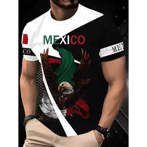 Men's Fitted Short-Sleeve Crewneck Graphic T-Shirt - Mexican Flag Eagle Print, National Theme, Casual Streetwear, All-Season Menswear, Long-Wearing Design