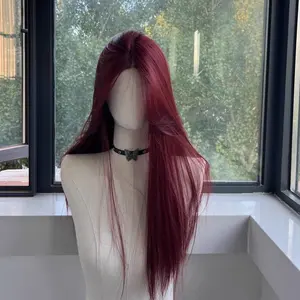 Hand-Tied Lace Front Long Wig for Women  Rose Red to Raspberry Red to Ancola Red Gradient, Cosplay Synthetic Full Cap