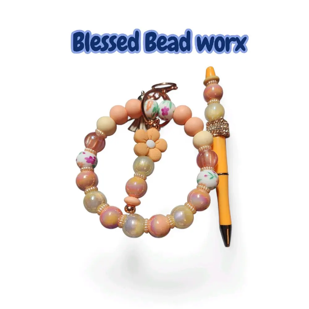 Blessed Bead Worx Elegant Cream and Orange Keychain with Floral Beads and Pen Holder Perfect for You.
