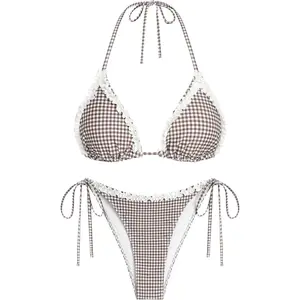 Women Ruffle Trim Triangle Halter String Bikini Set - 2 Piece High Cut Swimsuits