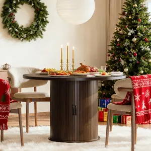 47" Round Dining Table for 4 Modern Fluted Circle Table with 2-Layer Storage and Sliding Door Farmhouse Dinner Tables for Kitchen Living Room Brown